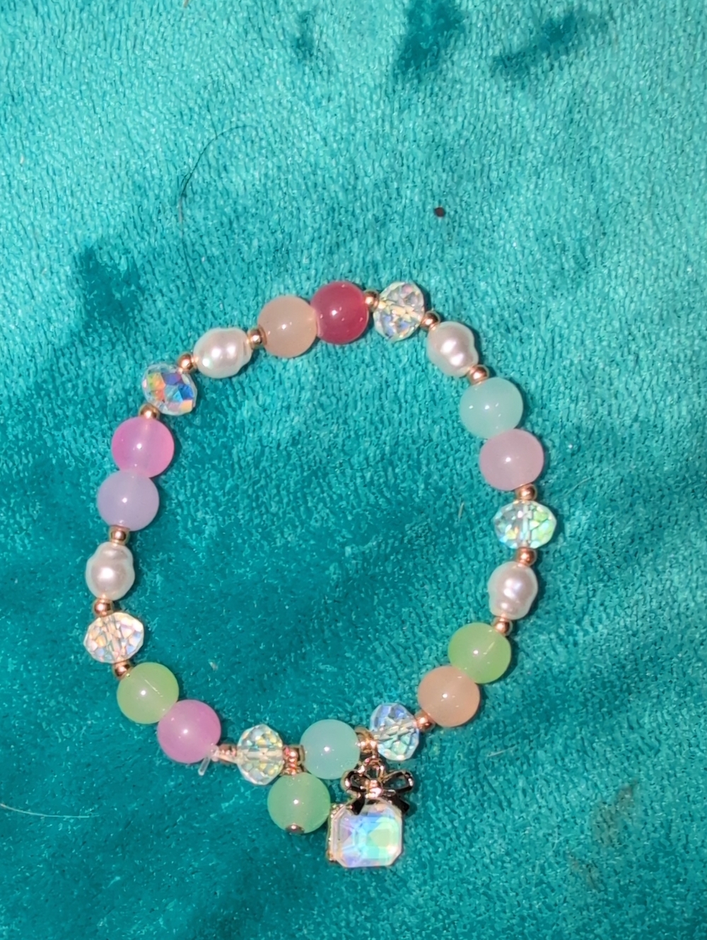 Handmade Pastel Multi-Bead Stretch Bracelet with Iridescent Charm